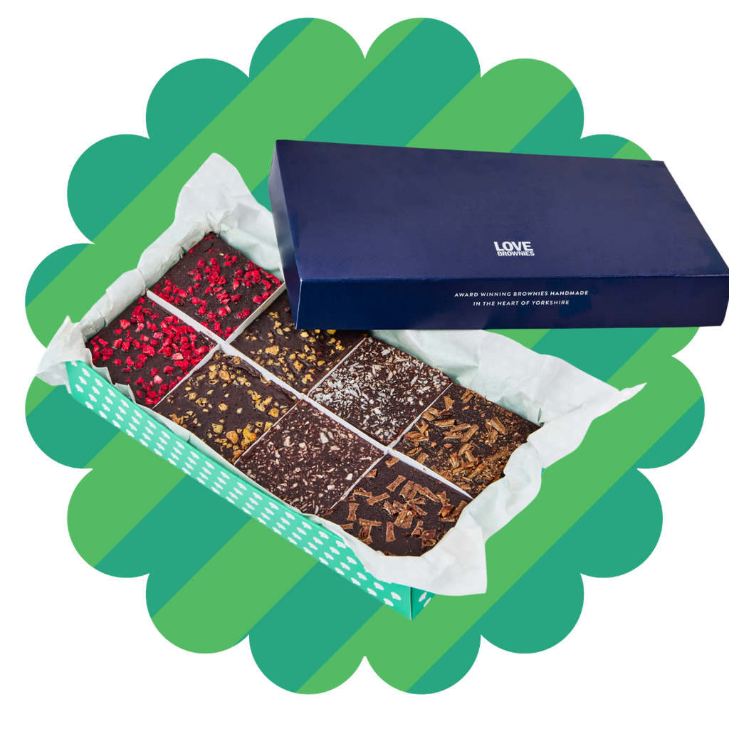 Variety box of 8 gluten-free, egg-free, dairy-free, nut-free chocolate brownies. Raspberry, honeycomb, coconut and double chocolate