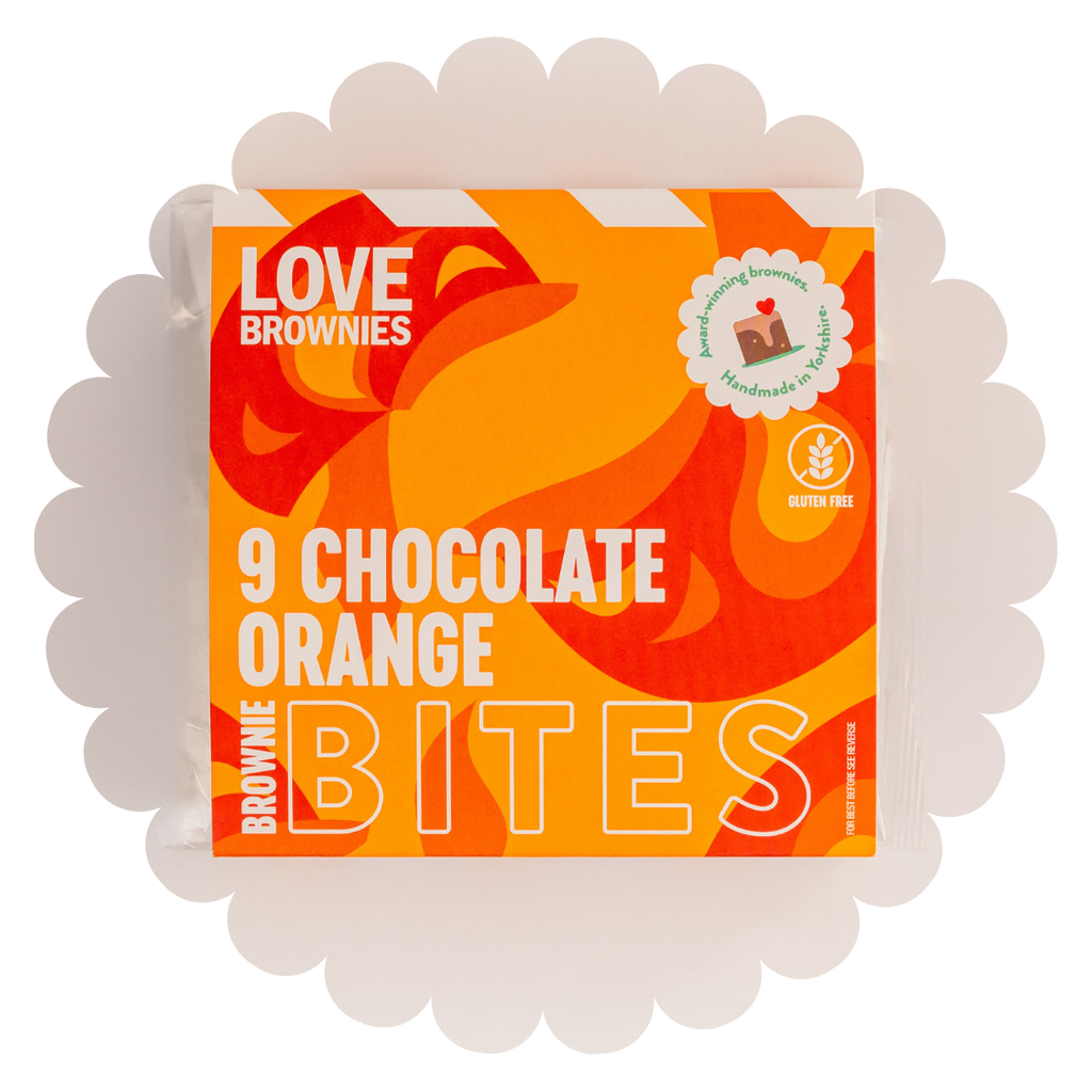 orange patterned box of 9 chocolate orange brownie bites. Gluten free, dairy free, nut free, egg free. Made by hand.