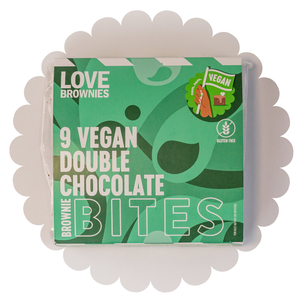 green patterned box of 9 vegan double chocolate brownie bites. Nut free, dairy free, gluten free, egg free.