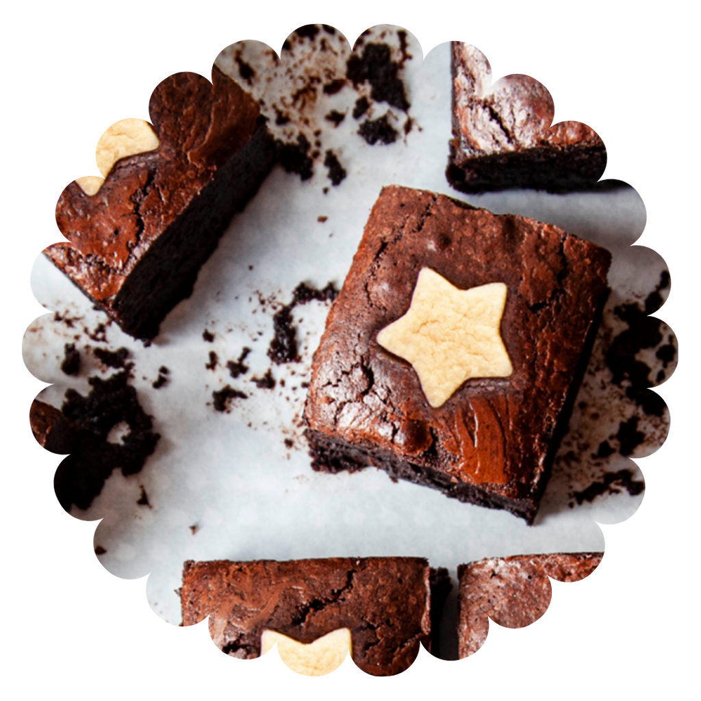 Close up of mince pie flavour gluten free chocolate brownies with shortbread star.