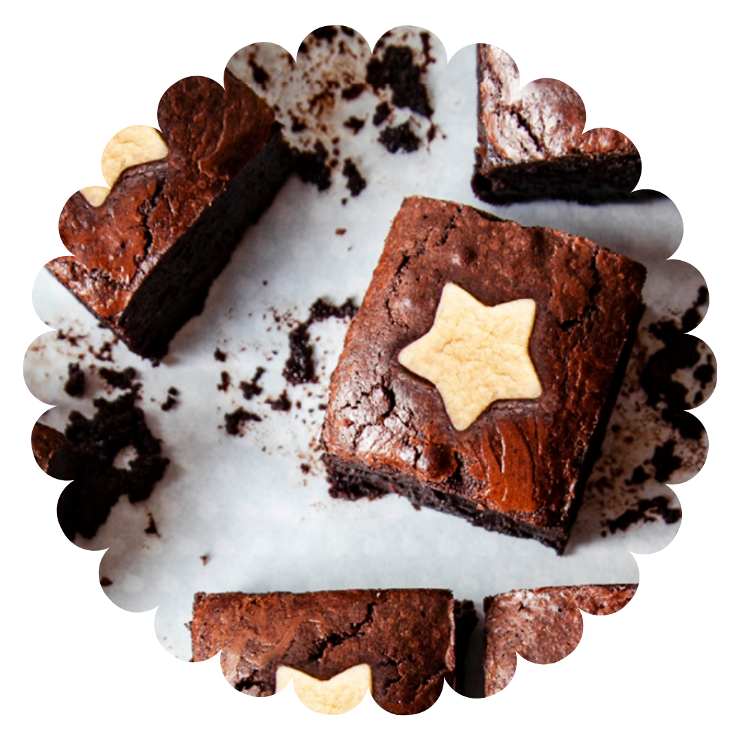Close up of mince pie flavour gluten free chocolate brownies with shortbread star.