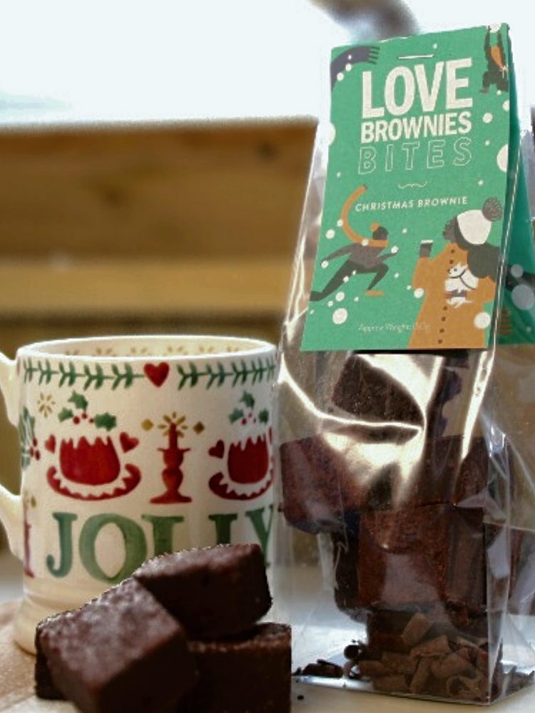 Christmas mug with a bag of Christmas brownie bites