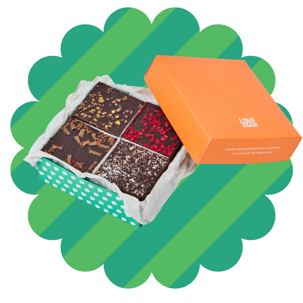 Gift box of dairy free, nut free and gluten free brownies. 1 x raspberry, 1 x honeycomb, 1 x coconut, 1 x double chocolate