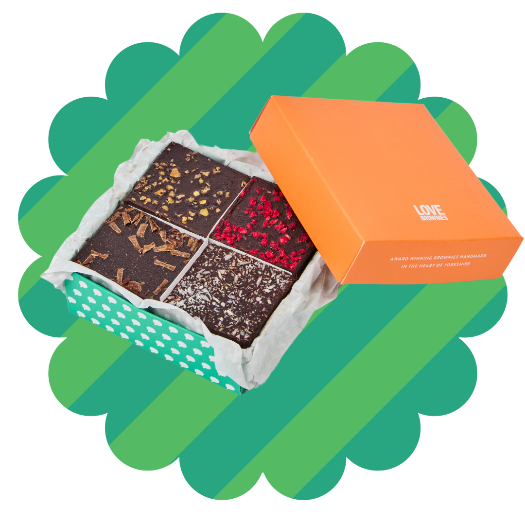 Gift box of dairy free, nut free and gluten free brownies. 1 x raspberry, 1 x honeycomb, 1 x coconut, 1 x double chocolate