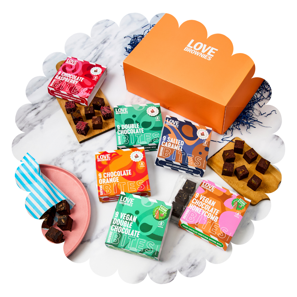 Orange hamper with 6 colourful boxes of brownie bites - gluten free and dairy free