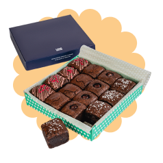 Colourful gift box on yellow background of 16 gluten free and nut free chocolate brownies.