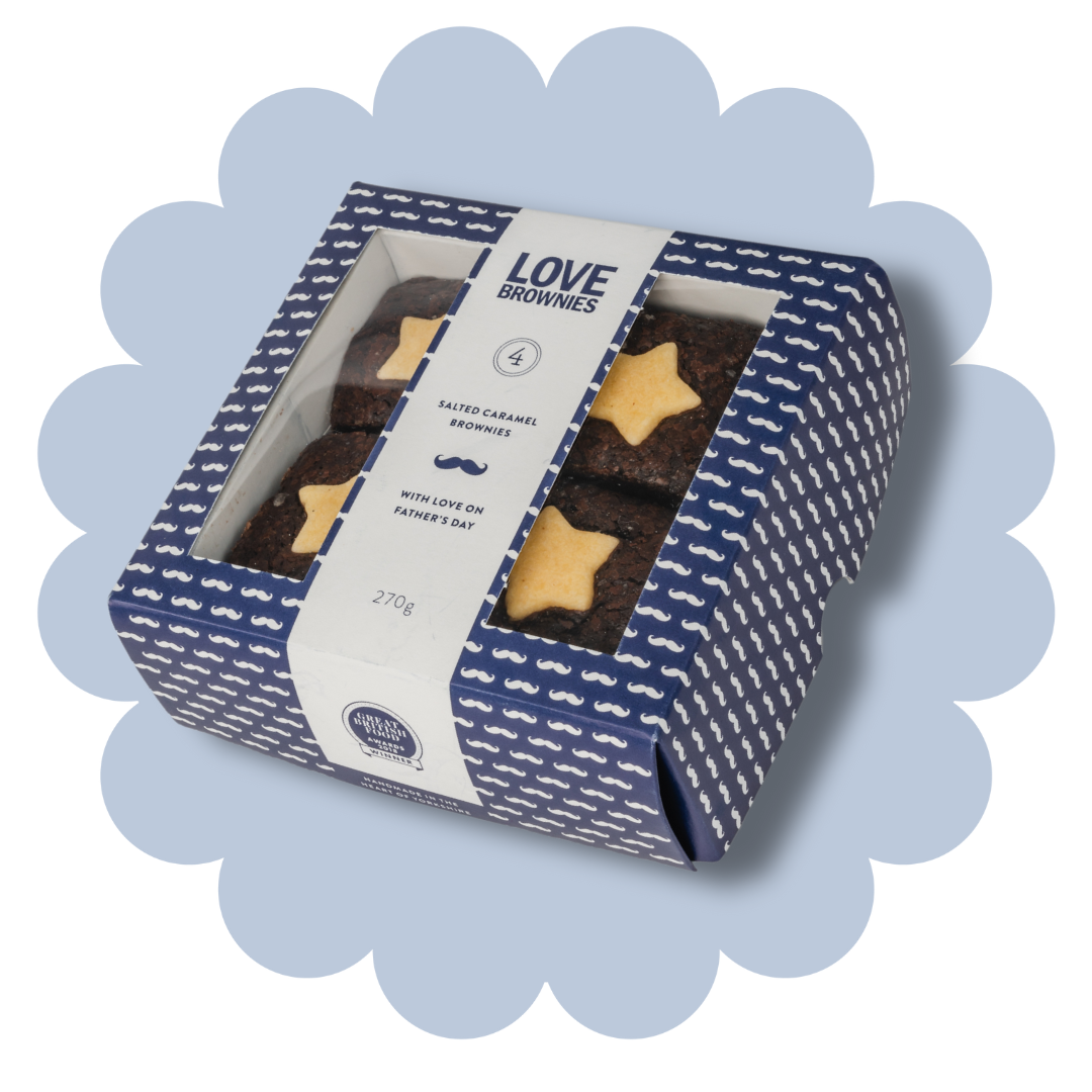 Gift box of 4 hand made gluten free brownies in a Father's Day themed box with moustaches on the outside. Salted Caramel flavour