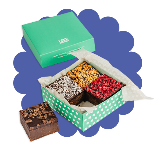 Colourful gift box on blue background. Contains 4 gluten free, dairy free, egg free, nut free chocolate brownies.