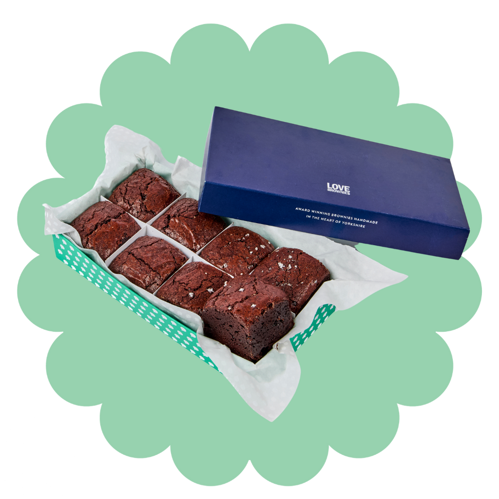 Bestsellers handmade gluten free chocolate brownies in a colourful gift box. Double chocolate and salted caramel