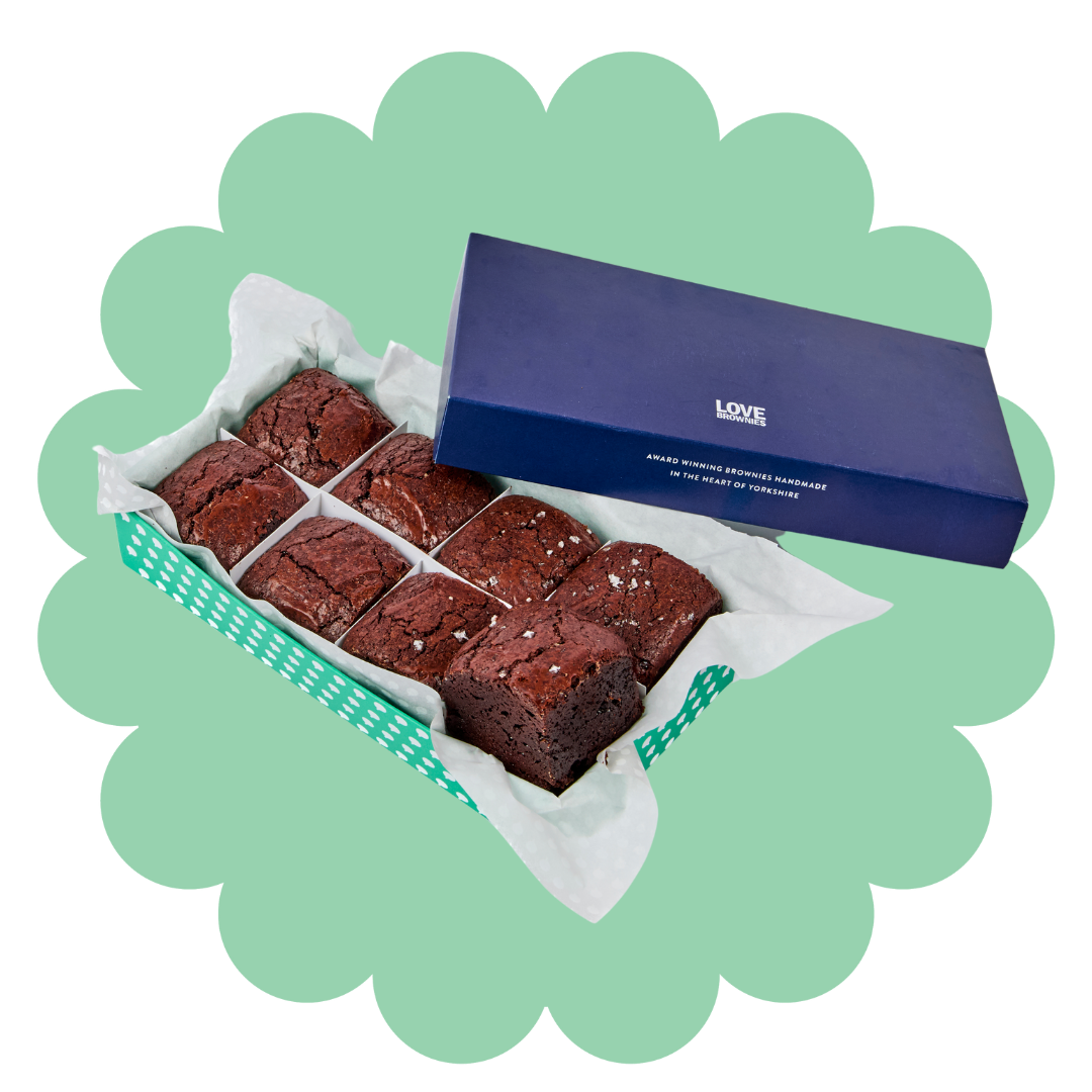 handmade gluten free chocolate brownies in a colourful gift box