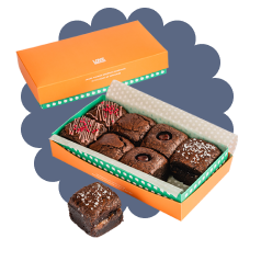 orange gift box on blue background containing 8 hand made gluten free chocolate brownies in raspberry, double chocolate, morello cherry and salted caramel flavours