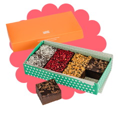 colourful gift box on red background containing 8 vegan, gluten free chocolate brownies. Raspberry, coconut, honeycomb and double chocolate.