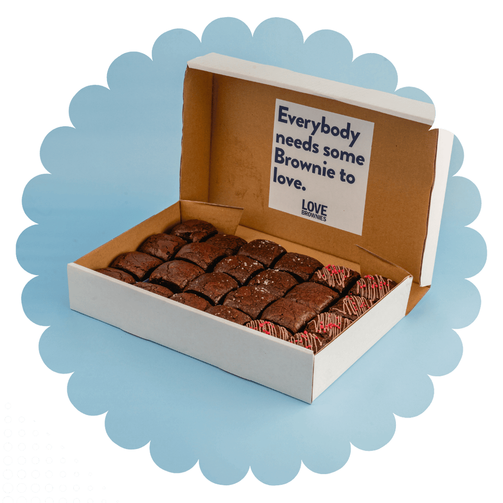 Delivery box of party pack of 24 gluten free, nut free chocolate brownies in 3 different flavours
