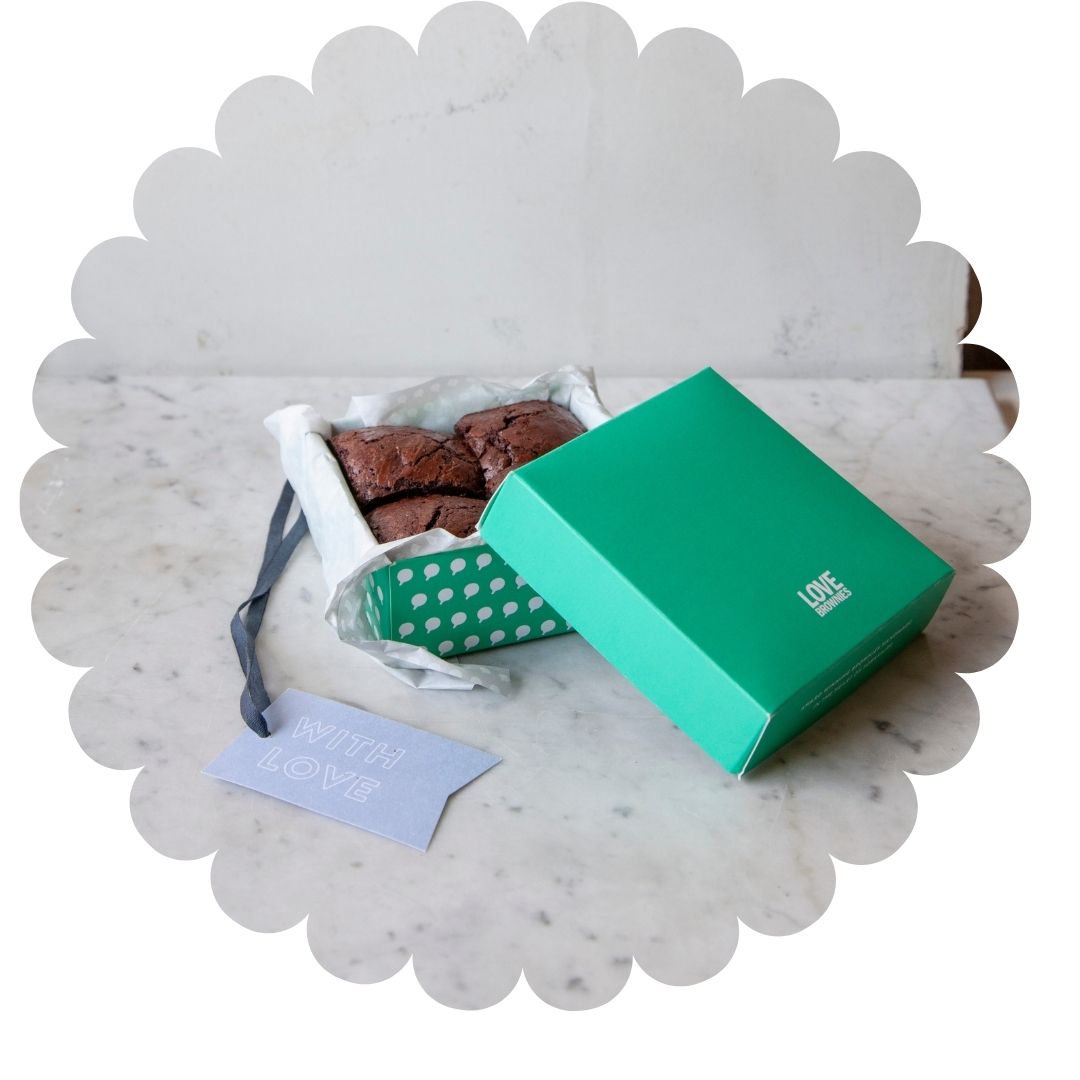4 handmade gluten free chocolate brownies in a gift box