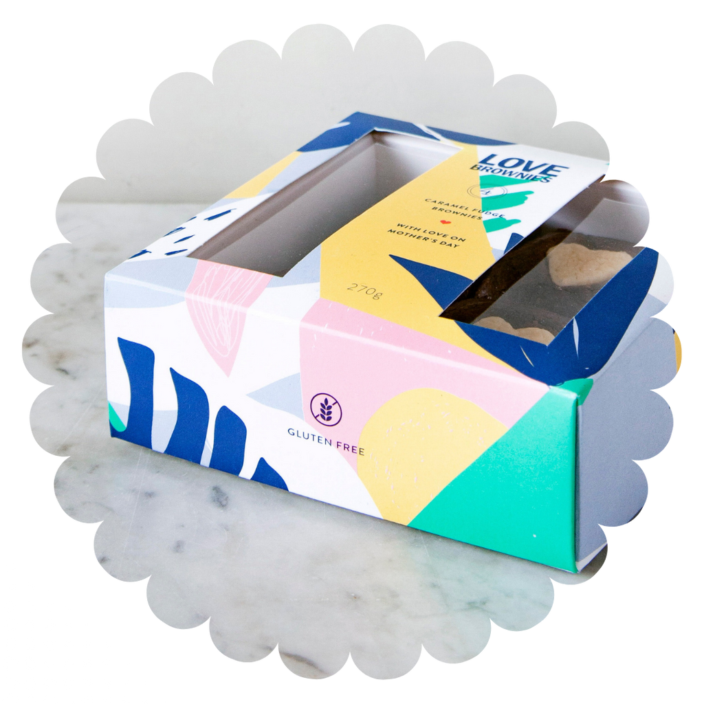 colourful gift box with love on mother's day with caramel fudge chocolate brownies