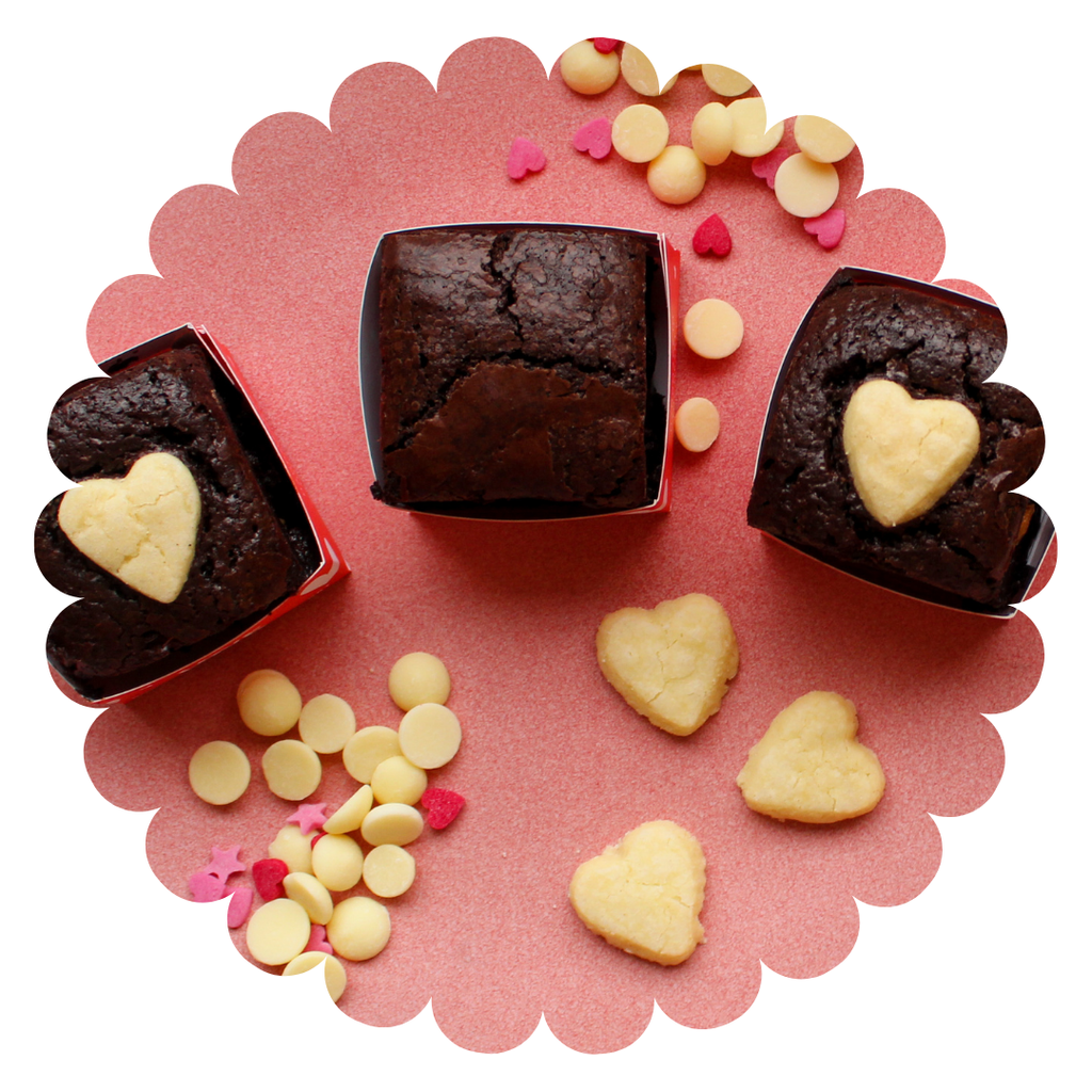 Gluten free chocolate brownies - raspberry flavour for Valentine's with a shortbread heart.