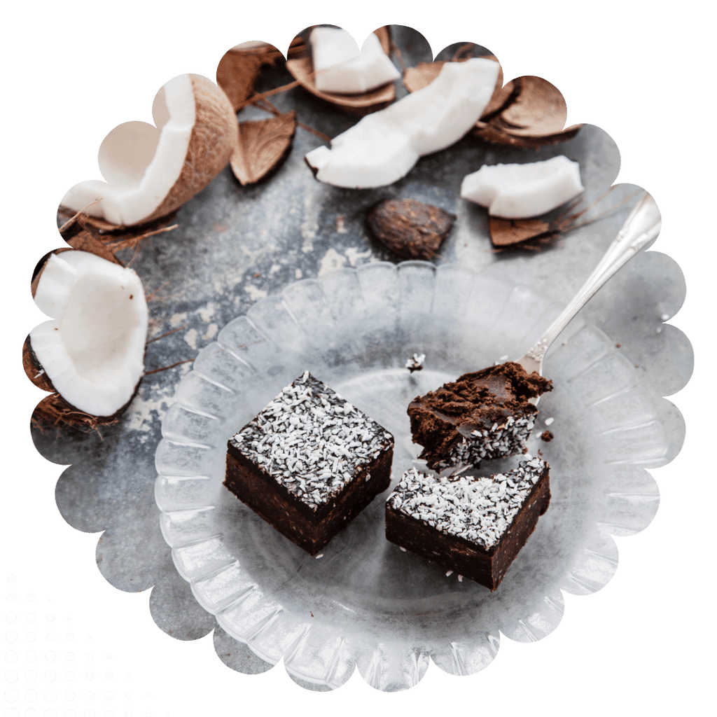 Truffle like vegan coconut brownies with dessicated coconut topping. Gluten-free, egg-free, dairy-free.