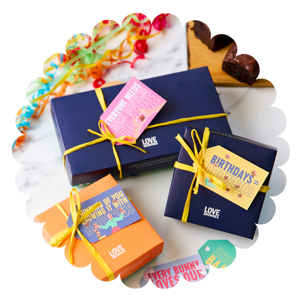 3 colourful boxes of gluten free and nut free handmade chocolate brownies with handwritten personalised notes