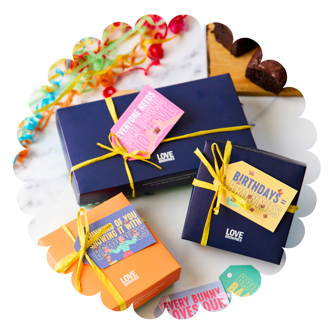 
                  
                    3 colourful boxes of gluten free and nut free handmade chocolate brownies with handwritten personalised notes
                  
                
